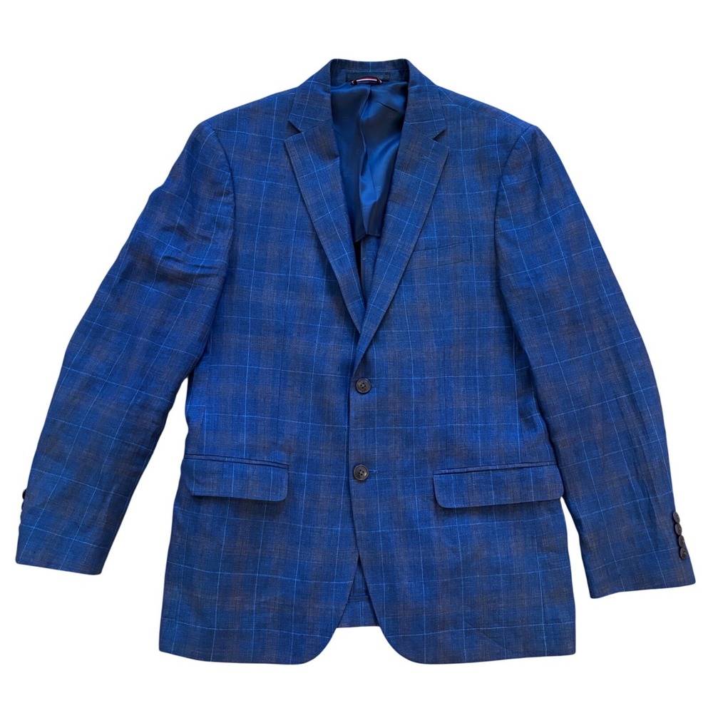 Tommy Hilfiger Mens Blue Brown Windowpane Plaid 100% Linen Blazer Sport Coat 40R